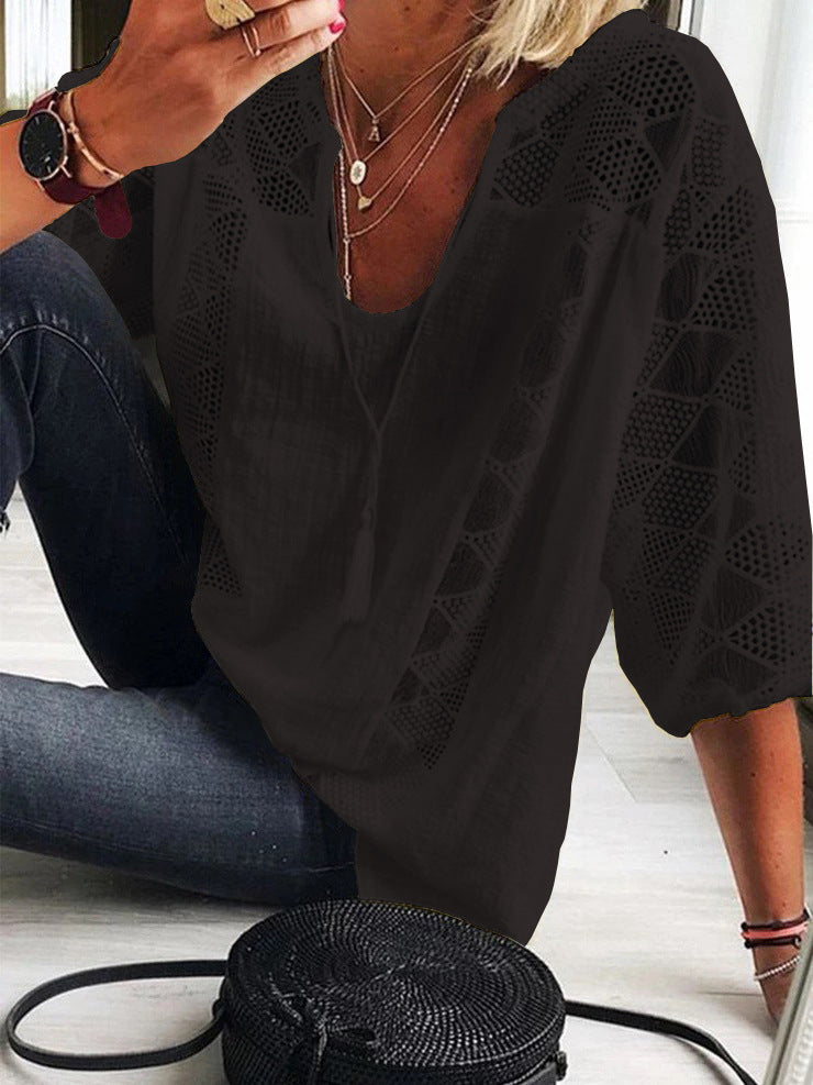loose type    new arrivalfashionlacepatchwork u-neck three-quarter sleeve tops