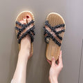 Women's summer outdoor slippers - soft sole thong sandals, fashionable new sequin tassel slides, lightweight beach shoes
