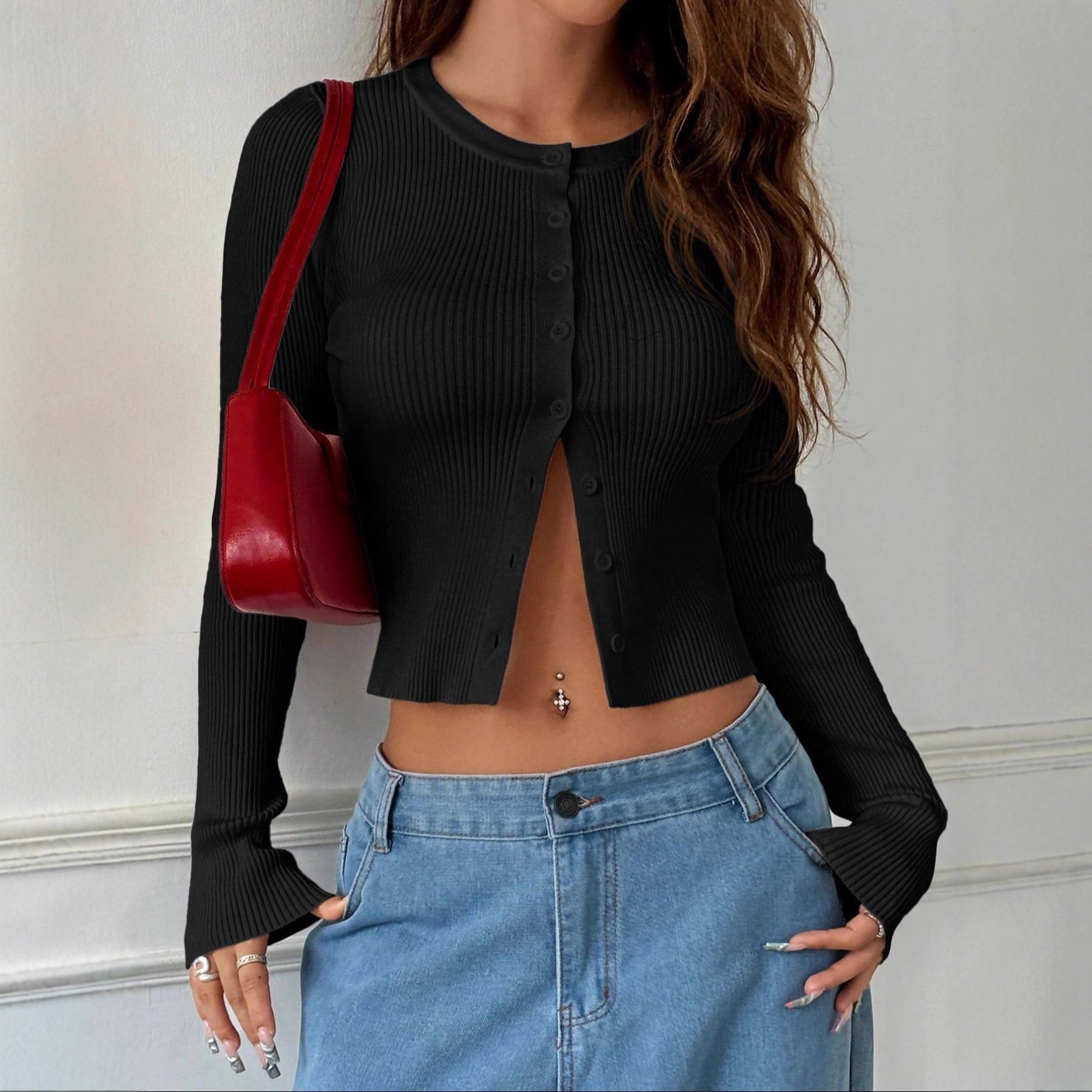 European and American   spring and autumn new horn long-sleeved knitted cardigan shirt versatile elastic slim-fitting top