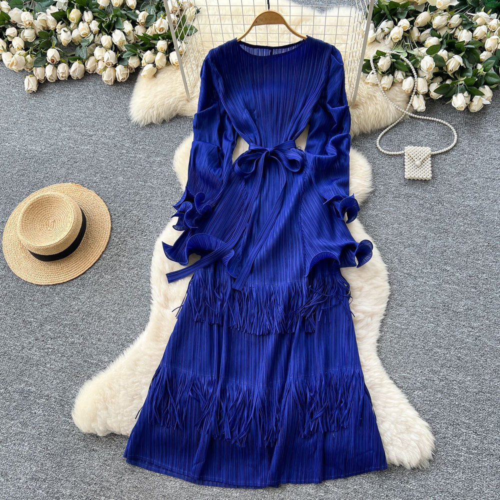 Miura pleated dress women's  autumn tie-waist ruffle trim patchwork tassel pleated elegant maxi dress