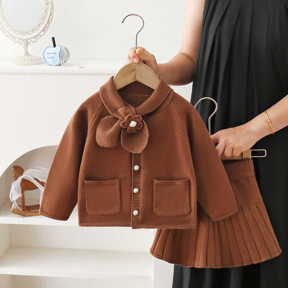 Girls' sweater set,  autumn/winter collection: baby girl knitted cardigan with bow collar, versatile two-piece outfit