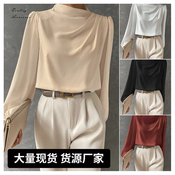 Solid color pleated women's shirt, temperament pullover satin top,  European and American new commuter style long-sleeved top