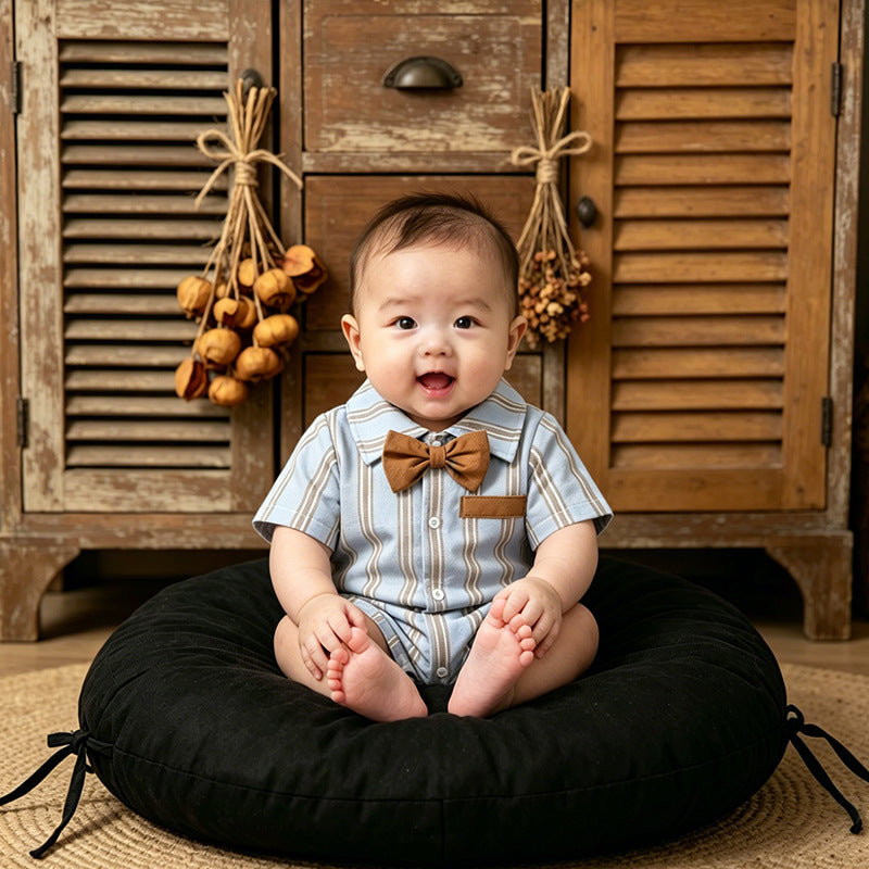 Newborn summer outfit: striped short-sleeve romper for baby boys - perfect for first birthday celebrations, 100-day milestone photoshoots, and stylish summer wear