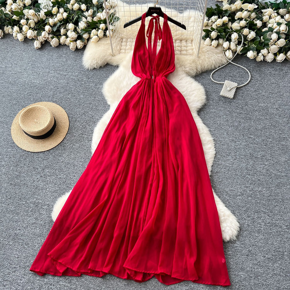 Vacation-style dress  summer french chic v-neck halter neck tie waist elegant backless chiffon maxi dress