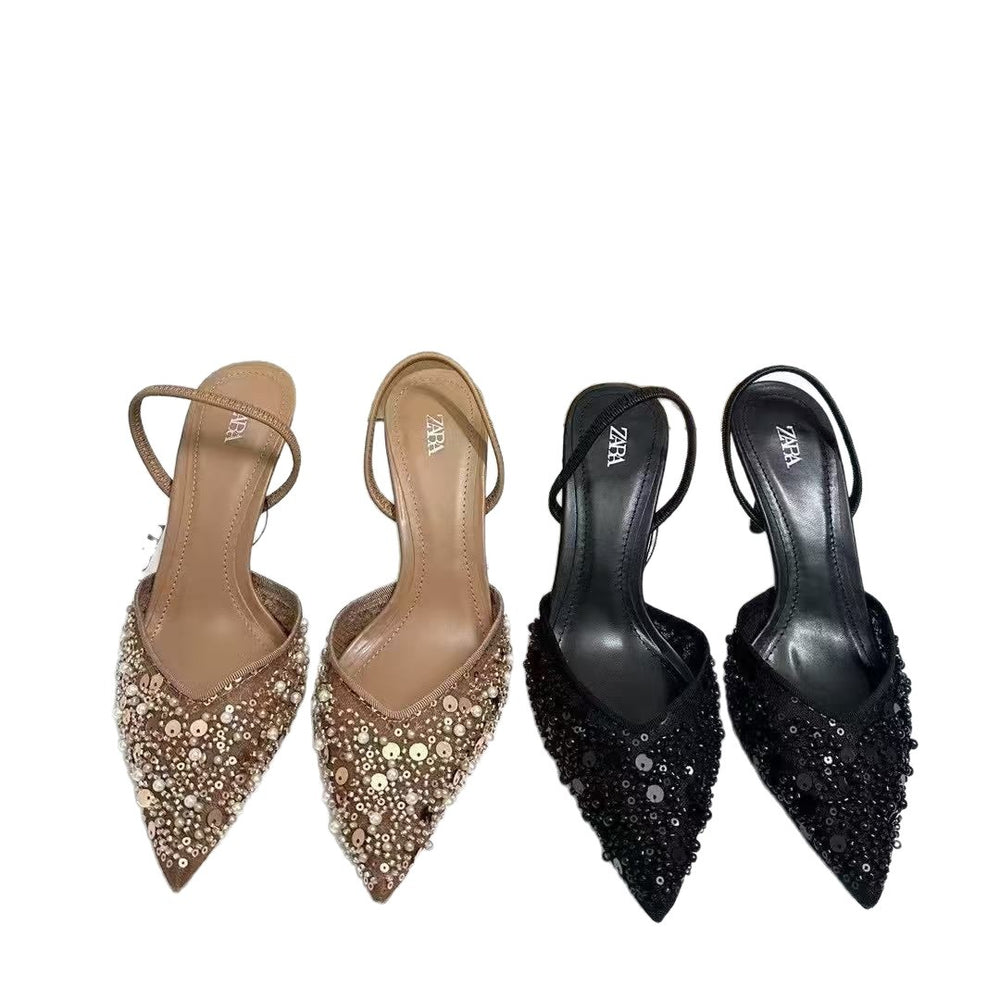 Zar summer new arrivals: women's apricot beaded mesh slingback pointed-toe stiletto mules