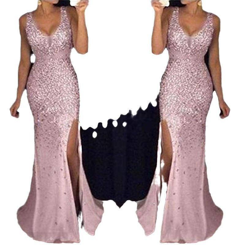 spring new european and american style women's foreign trade dress -  slit gold-embellished maxi dress evening gown