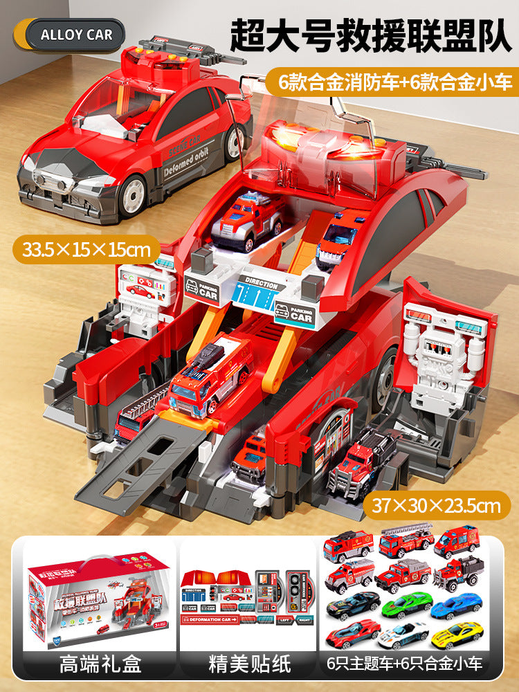 New children's storage scene fire police car deformation ejection track parking lot sound and light puzzle model toy car