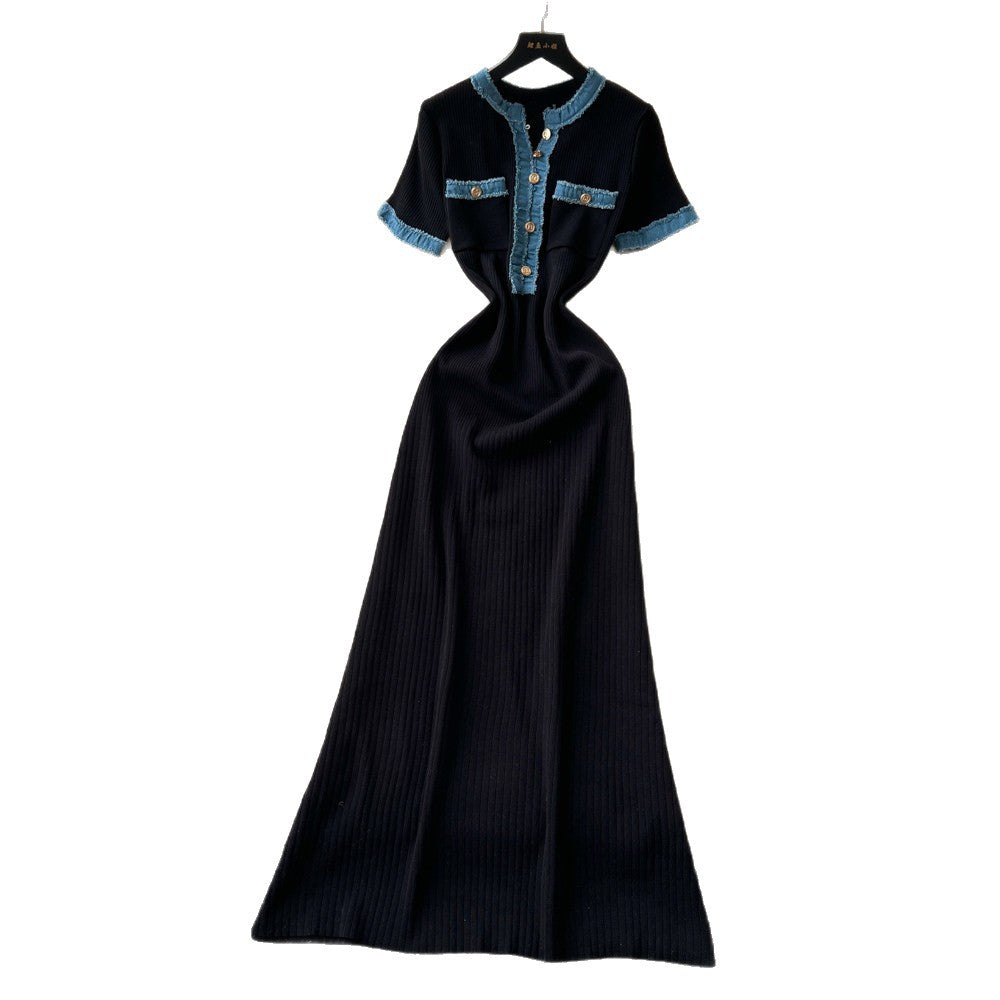 French chic knitted dress - women's summer short sleeve korean style metallic buckle slim fit retro maxi dress