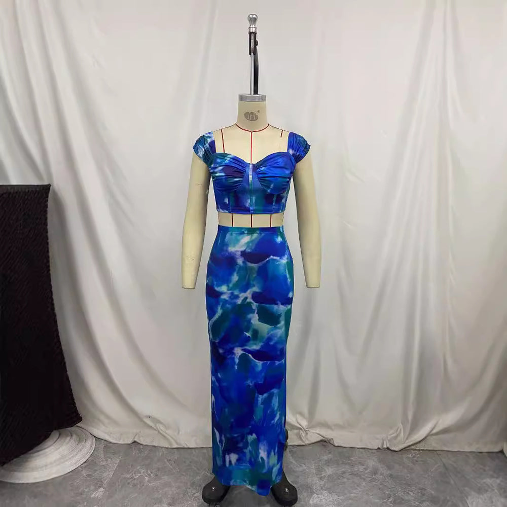 Printed cropped cami top and bodycon maxi skirt two-piece set - european & american style women's summer  new arrival