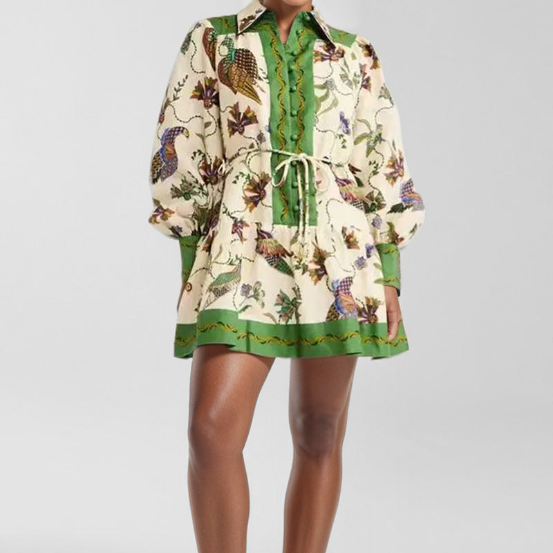 cross-border e-commerce european and american women's clothing: new summer collection - tie-waist printed turn-down collar long-sleeve pleated european and american style dress