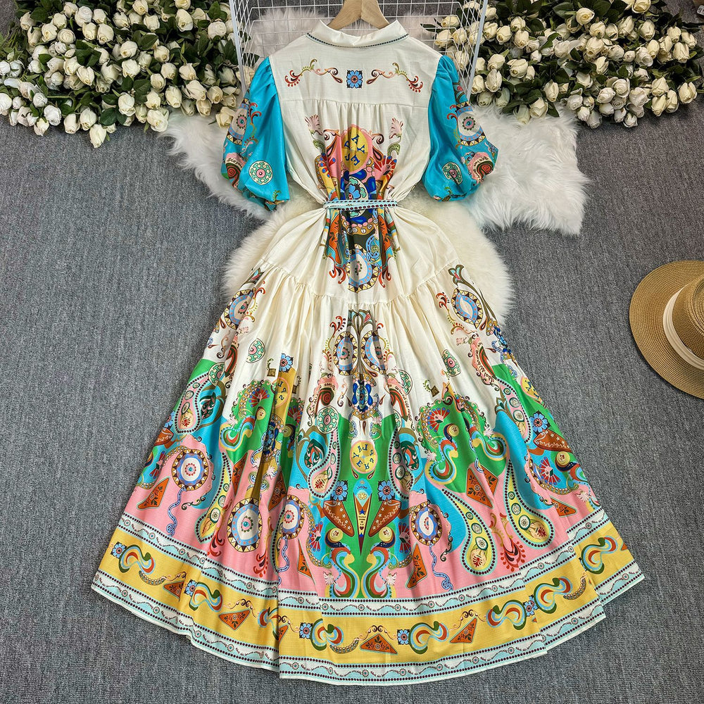 European and american cross-border  spring/summer new print fashion short sleeve puff sleeve tie-waist maxi dress for women