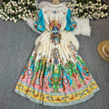 European and american cross-border  spring/summer new print fashion short sleeve puff sleeve tie-waist maxi dress for women