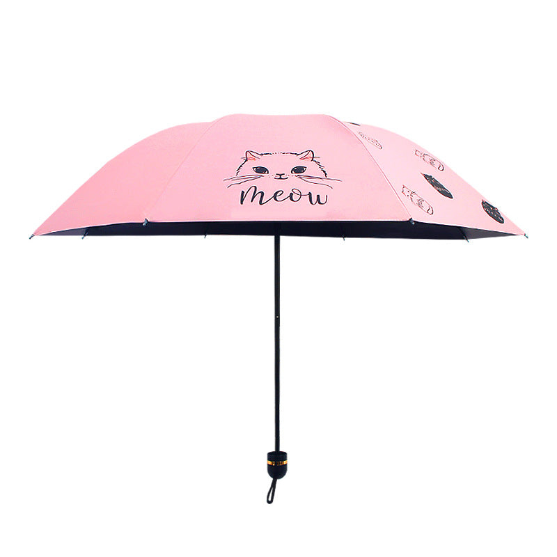 Tri-fold cute cat animation cartoon umbrella vinyl parasol sun umbrella female weather and rain wholesale printing LOGO