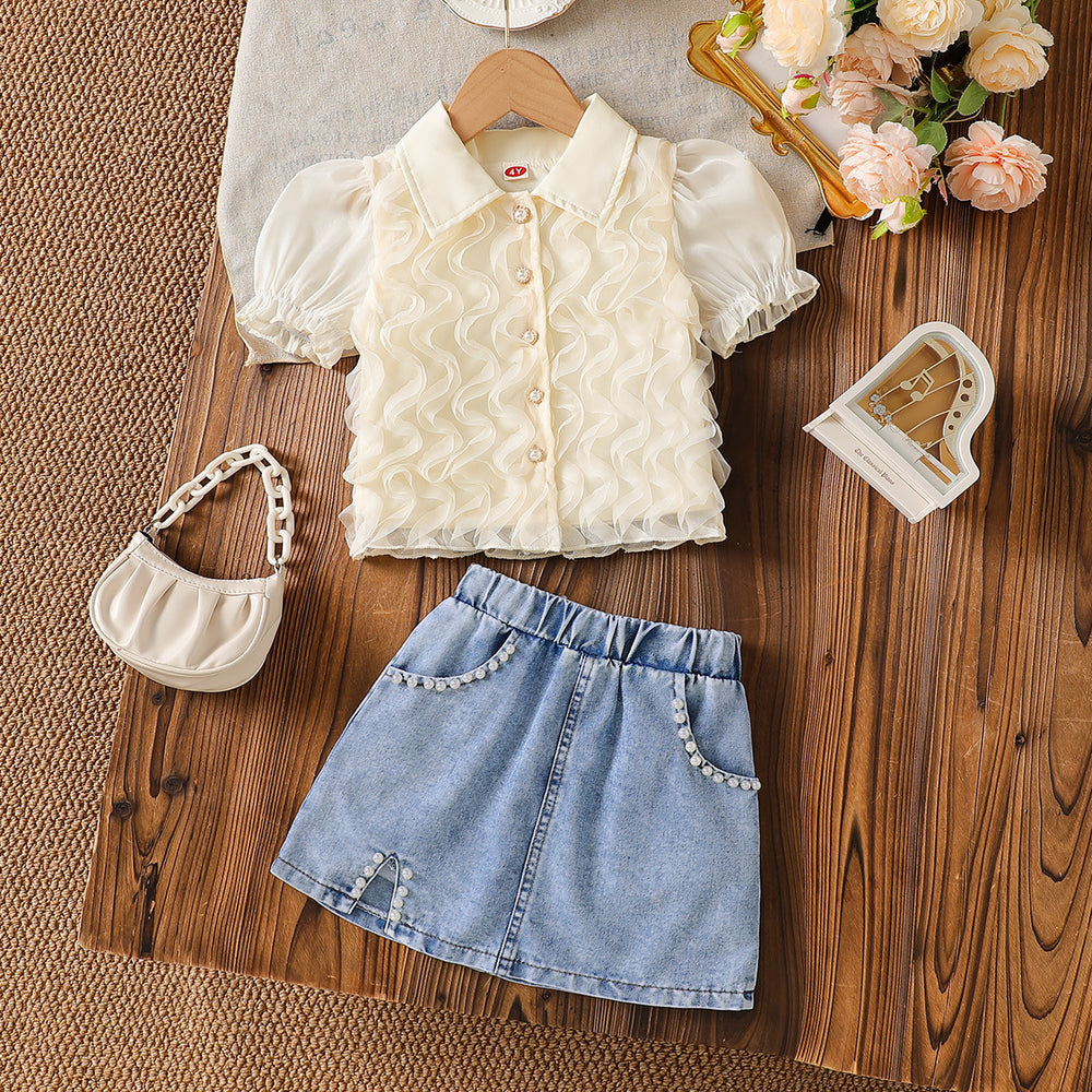 hot selling girls' 3d wave top + beaded heavy-duty washed denim mini skirt two-piece set