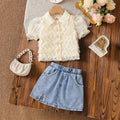hot selling girls' 3d wave top + beaded heavy-duty washed denim mini skirt two-piece set