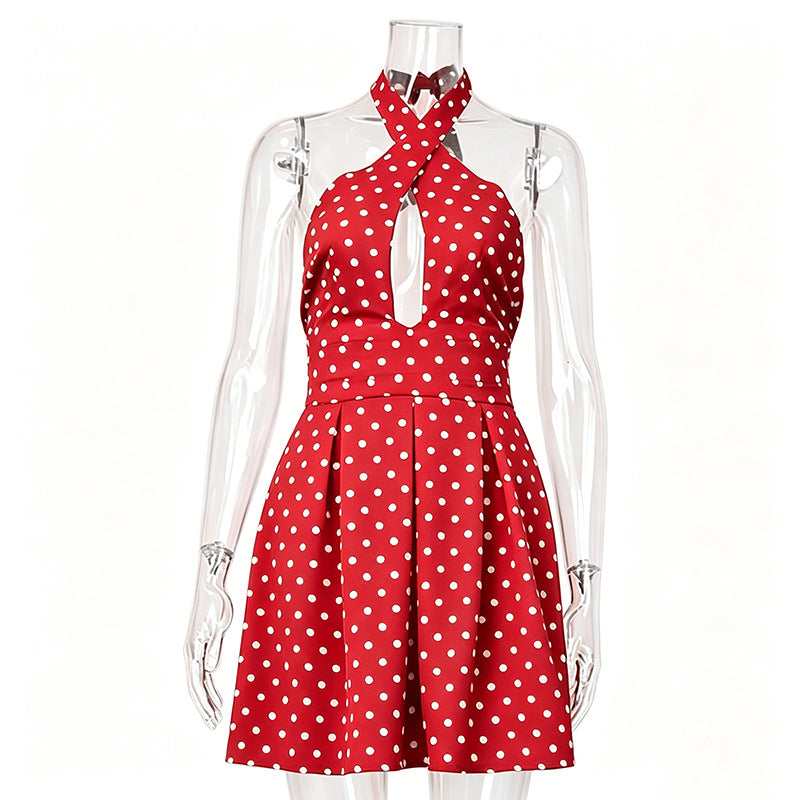 Sexy hot girl polka dot print dress - crisscross neck halter backless mini dress - petite-friendly, seriously stunning dress