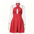 Sexy hot girl polka dot print dress - crisscross neck halter backless mini dress - petite-friendly, seriously stunning dress