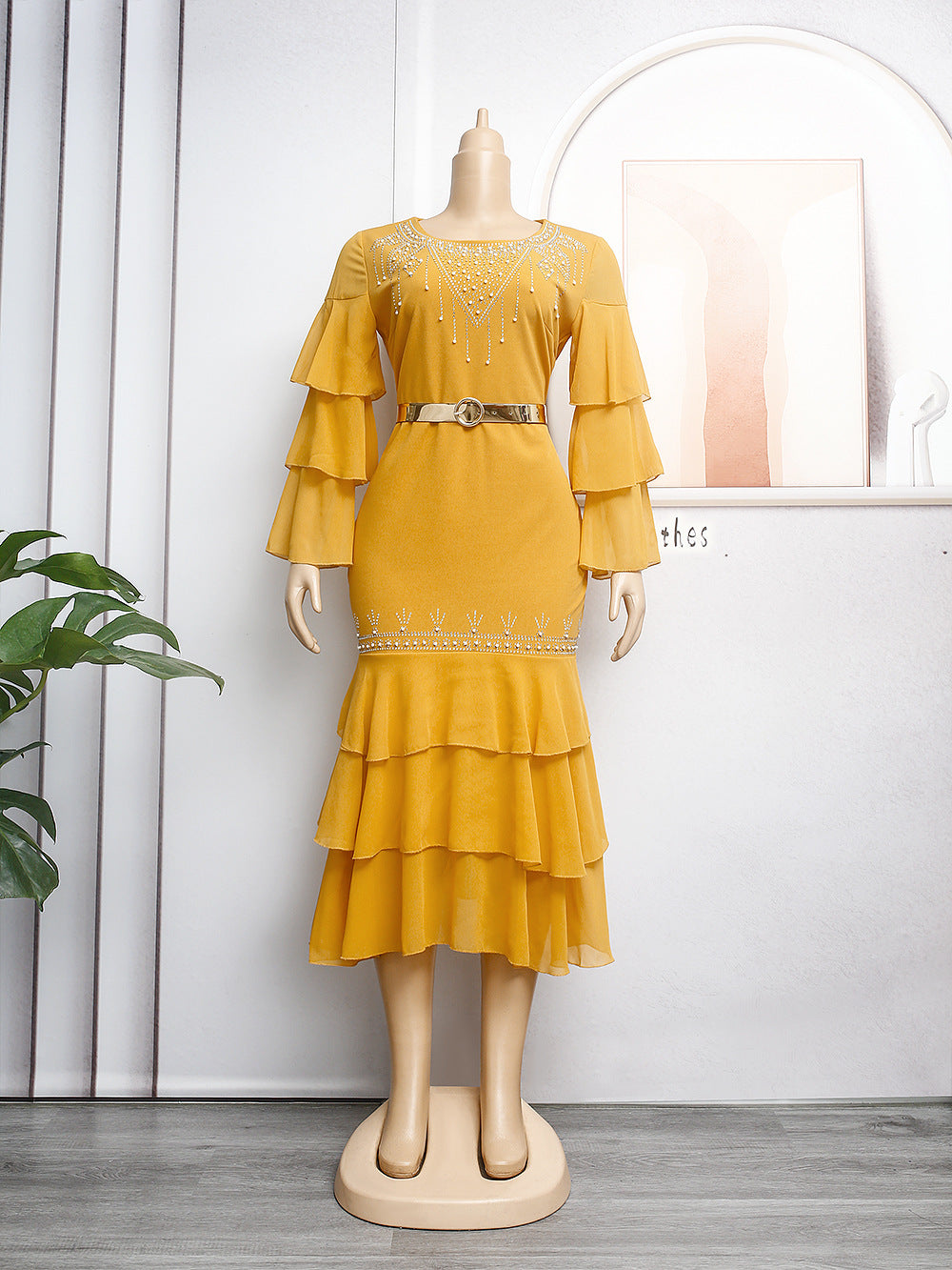 Aliexpress  women's professional office skirt fashion african hot diamond pleated waist plus sizedress