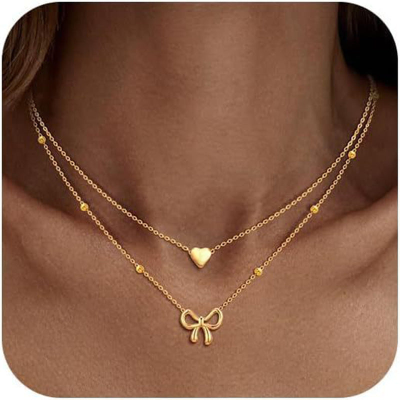 Amazon's new fashionable heart & butterfly double-layer necklace - women's heart-shaped pendant rice bead choker