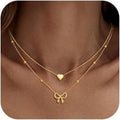 Amazon's new fashionable heart & butterfly double-layer necklace - women's heart-shaped pendant rice bead choker
