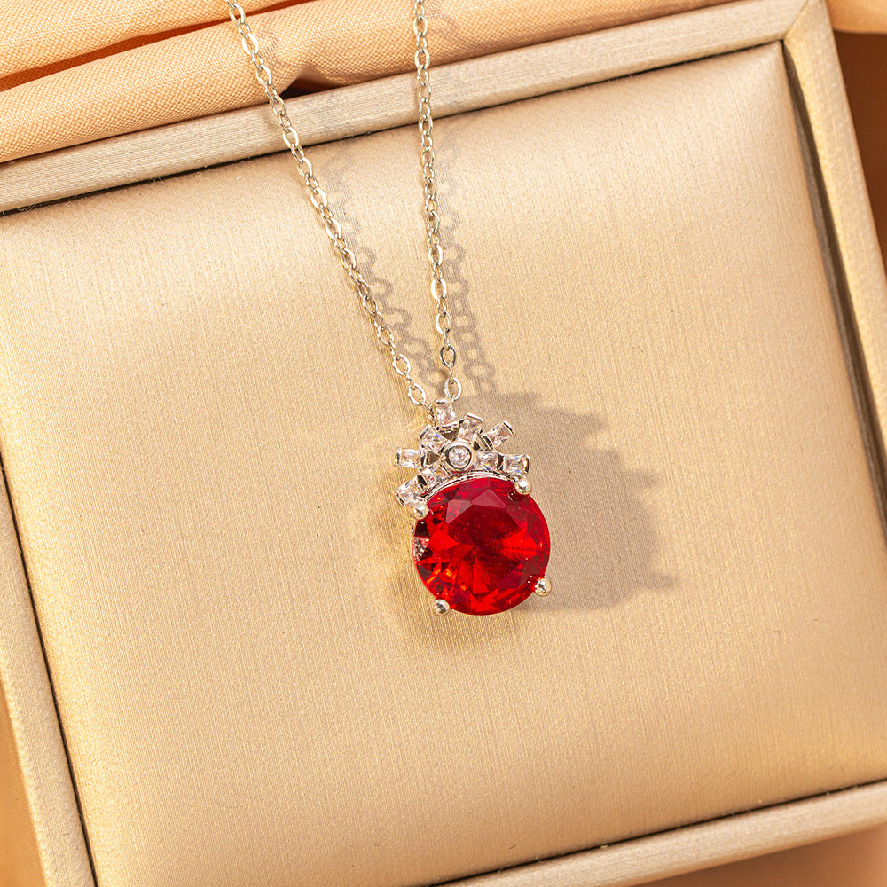 【titanium steel】copper inlaid zircon light luxury new style ruby necklace women's high-end fashion versatile elegant sweater chain jewelry