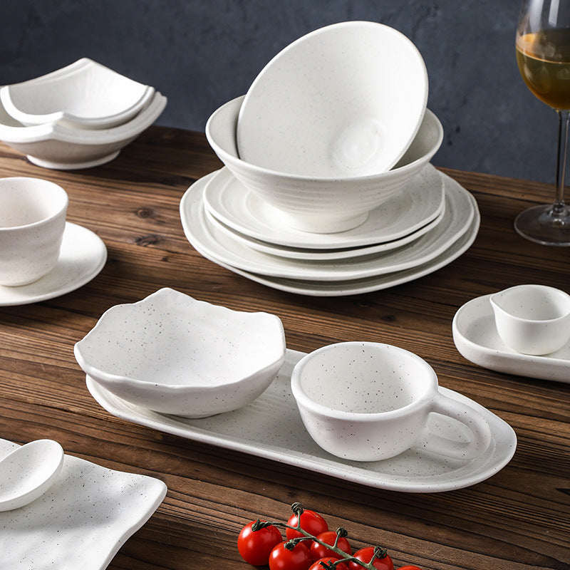Minimalist blue and white polka dot ceramic bowls, plates, and dishes - perfect for home, restaurant, western cuisine, steak, high-end hotel, and unique dessert presentation