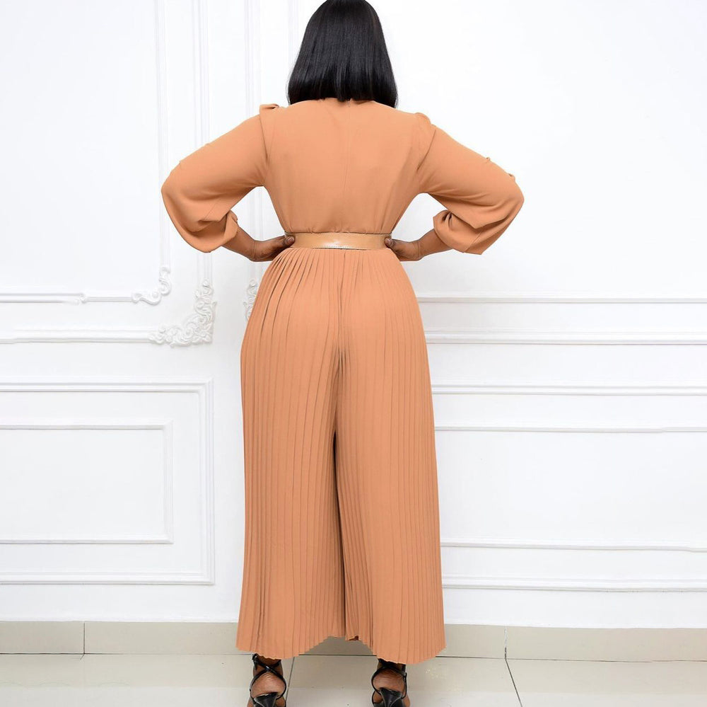 D163  summer new solid color long sleeve pleated european and american plus size women's loose slimming african jumpsuit