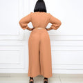 D163  summer new solid color long sleeve pleated european and american plus size women's loose slimming african jumpsuit