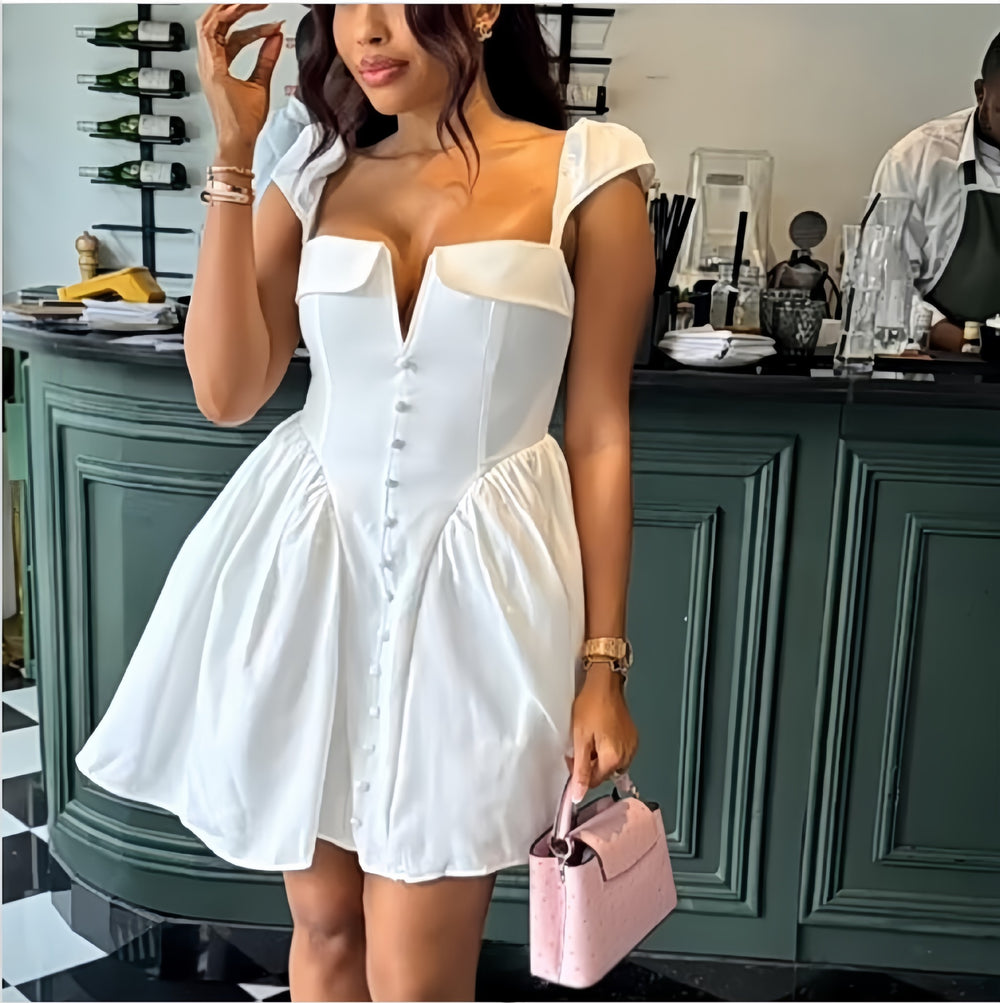 Fashion cross-border women's clothing  early spring pure color flying sleeves v neck buttons waist pleated short elegantdress