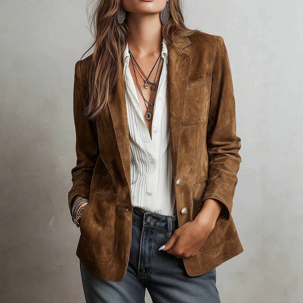 European and american cross-border retro style women's outerwear - tan textured lapel single-breasted pocket design casual blazer