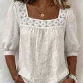 european and american cross-border lace square neck top - puff sleeve, cutout detail, soft cotton linen short sleeve - women's export fashion