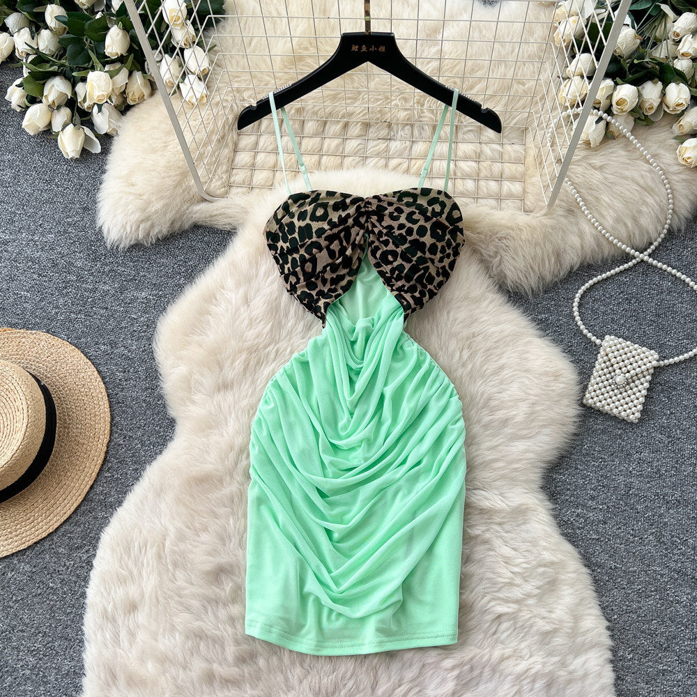 Sexy leopard print cami mesh mini dress - women's summer high waist bodycon tube top dress - boss babe style