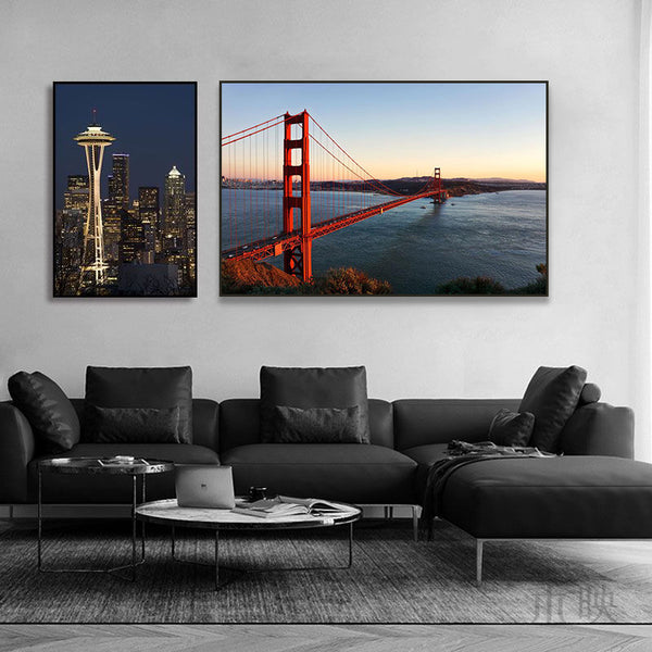 Seattle Space Needle Decorative Painting, San Francisco Golden Gate Bridge Building Hanging Painting, Modern Restaurant Mural
