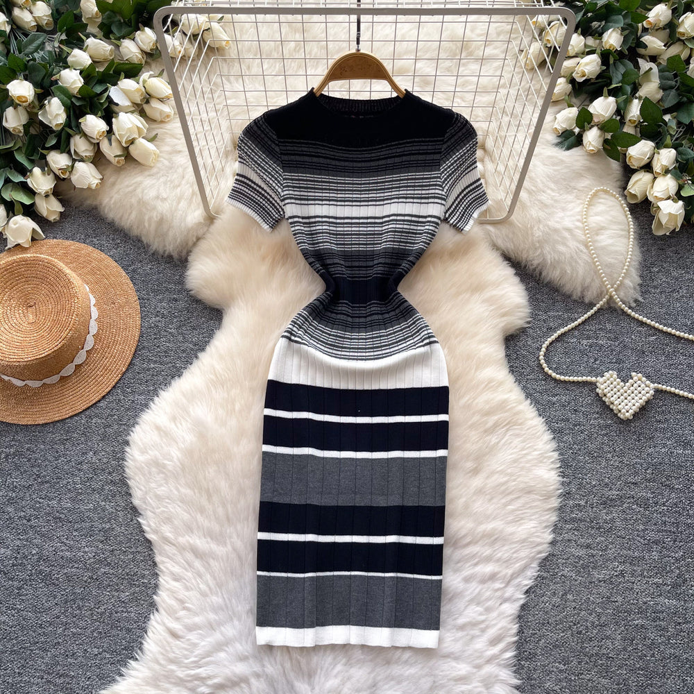 Korean style color block striped knit dress - women's 2026 summer slim fit short sleeve a-line dress - commute chic