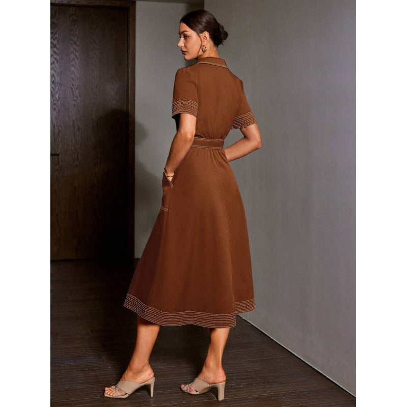 fashionautumretro lapel casualpatchwork button flap pocket pants design silm short-sleeved dress
