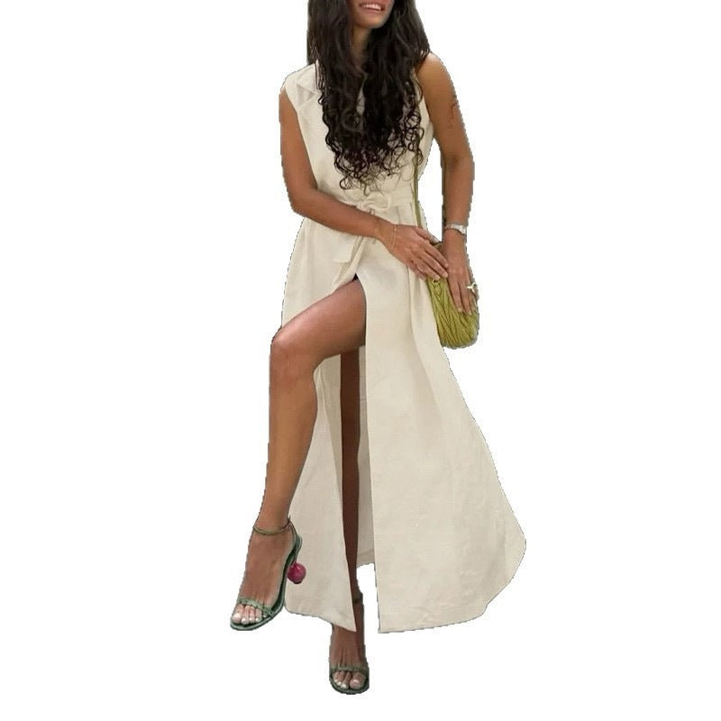 women's summer new arrivals:  cross-border fashion, european & american style, elegant commute solid color sleeveless slit dress