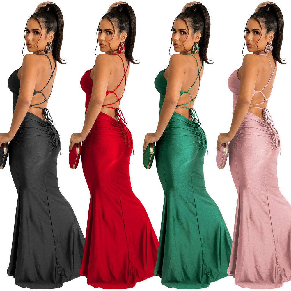 X5617 cross-border   solid color sexy camisole bandeau backless tie-up bodycon maxi dress