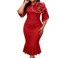 fashion red stereo flower dress ruffles waist silm banquet hip-covering mermaid dress dress