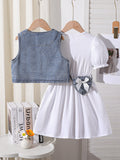 european and american cross-border girls' shirt dress, vest design, with heart-shaped bag three-piece set for girls