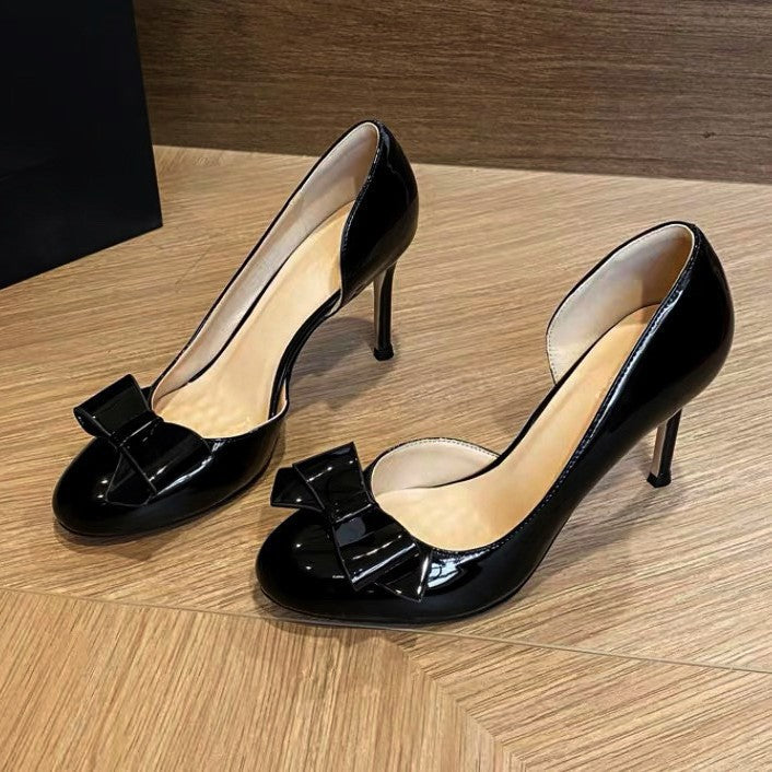 Nude high heels women's stiletto heels 2025 spring and autumn new bow round toe celebrity classy side open patent leather flats