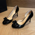 Nude high heels women's stiletto heels 2025 spring and autumn new bow round toe celebrity classy side open patent leather flats