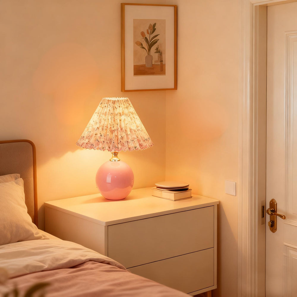 Nordic floral table lamp - pleated ceramic creative dimmable night light - study, trendy remote control bedside lamp - cozy bedroom lighting
