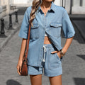 European and american cross-border e-commerce summer new women's clothing  independent website washed denim tie-up short sleeve shorts set
