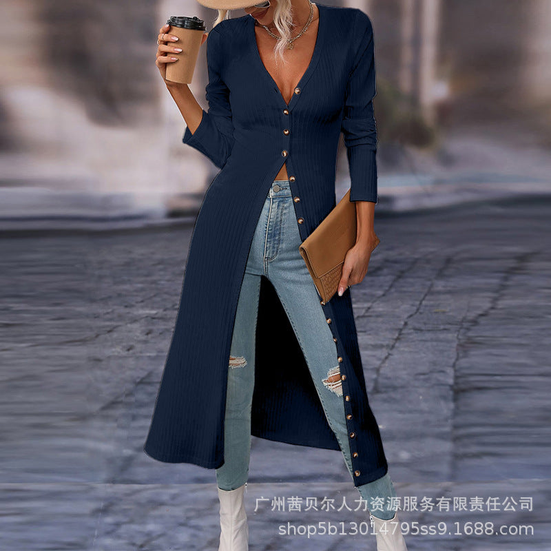 Shangxin Foreign Trade 2023 European and American Button Long Pit Strip Thin Jacket Open Dress