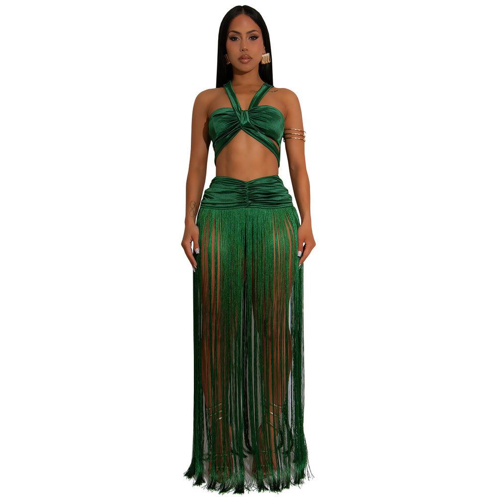 C7438 cross-border   fashion women's sexy strappy top and tassel maxi skirt two-piece set