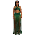 C7438 cross-border   fashion women's sexy strappy top and tassel maxi skirt two-piece set