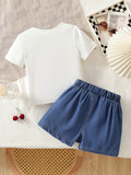 new cross-border girls' round neck 3d bow top and embroidered denim pants two-piece set