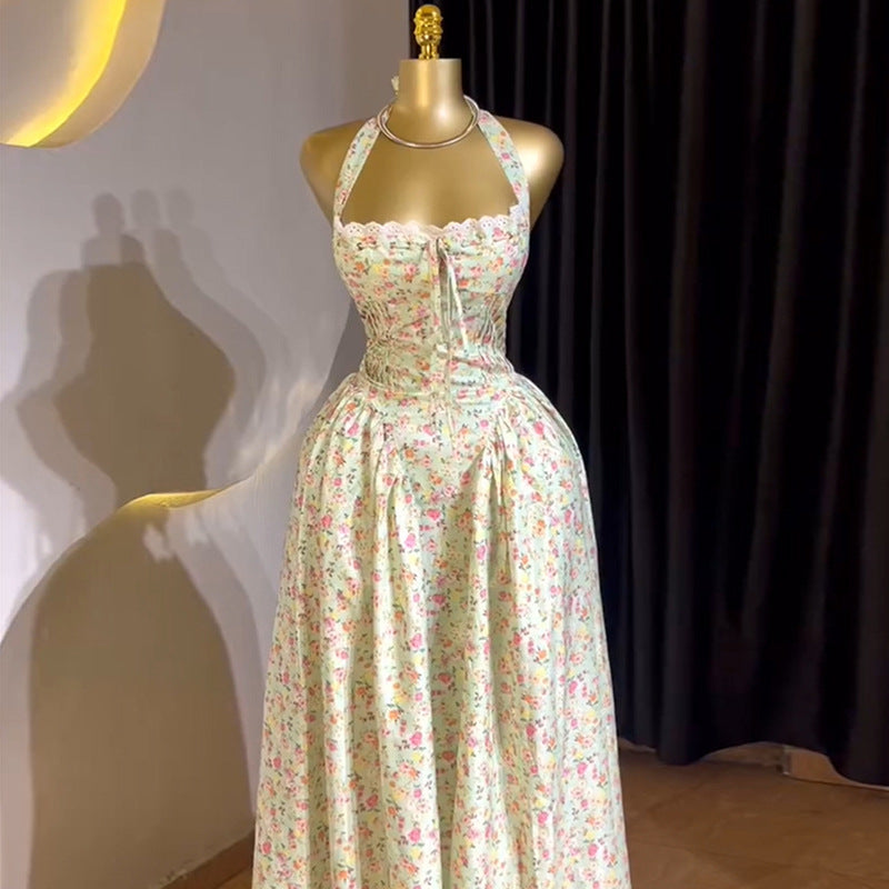 European and american cross-border women's fashion:  summer new collection - sweet and fresh floral halter neck midi slip dress