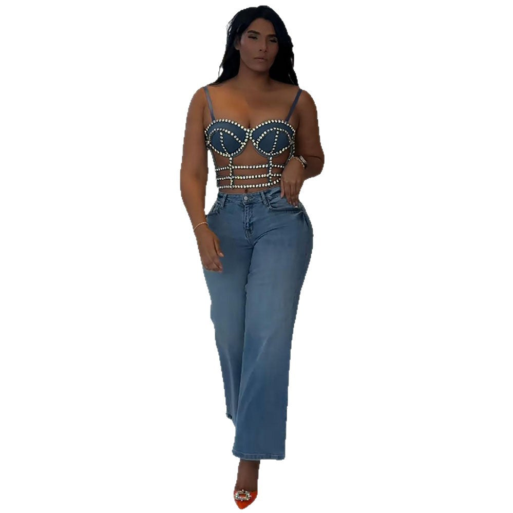 European and american style women's denim camisole -  cross-border fashion, sexy hot girl style, rhinestone embellished, adjustable top