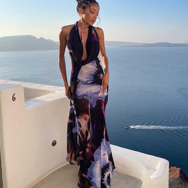 European and American women's clothing   manufacturers 2023 new digital printing sexy drape collar long medium and long dress